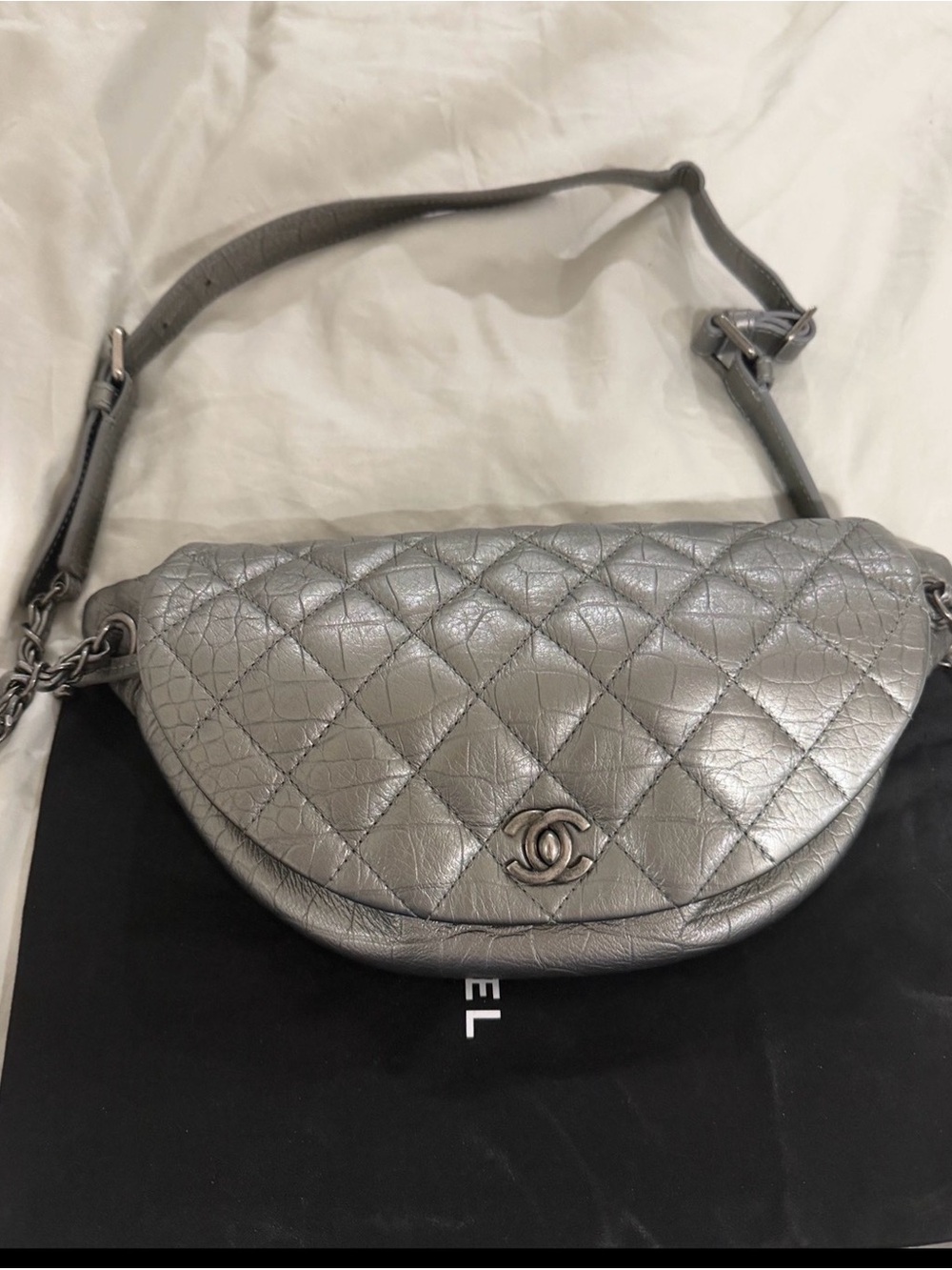 CHANEL Metallic Silver Quilted Leather Crossbody Bag